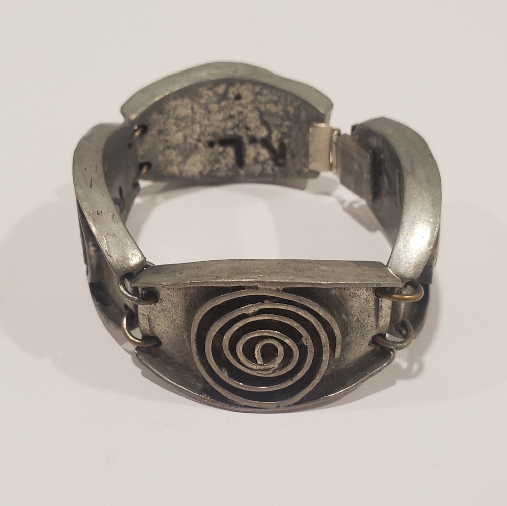 ROBERT LARIN Vintage Modernist Pewter Silver Link Bracelet Eye Panels Minimalist